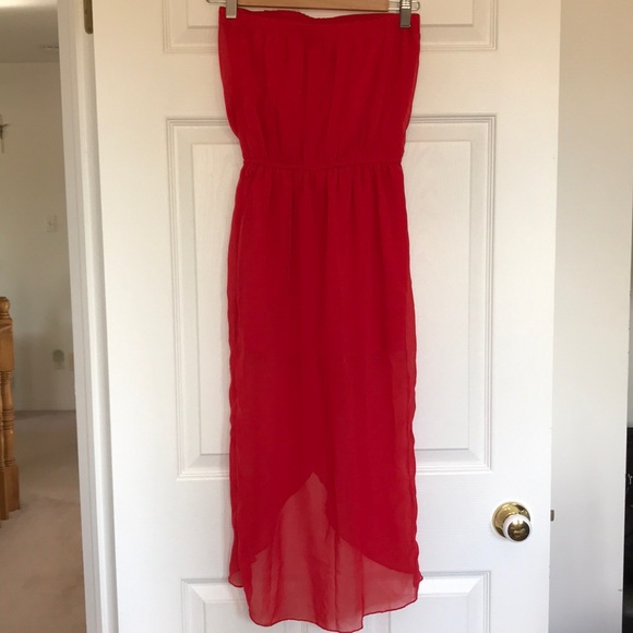 Strapless red high low chiffon dress - Picture 2 of 6